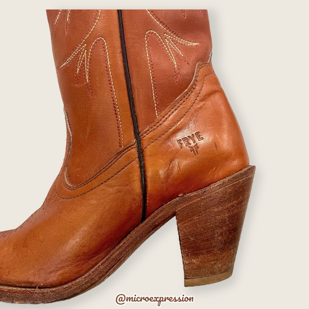 1980 VINTAGE Frye Leather Cognac Tree Art Embroidered Cowboy Heeled Western Boot - Picture 8 of 11
